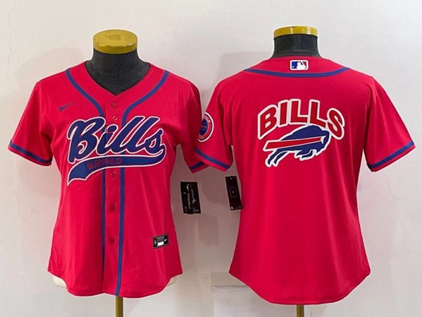 Women's Buffalo Bills Red Team Big Logo With Patch Cool Base Stitched Baseball Jersey(Run Small)